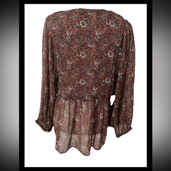 Lucky Brand Babydoll Brown Floral Button Down Blouse Fall Tones Size Large - Picture 2 of 5